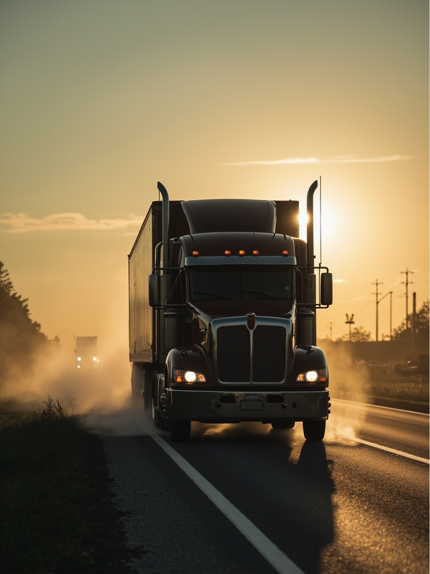 Semi-truck hauling into a low golden sunrise on a misty two-lane highway
