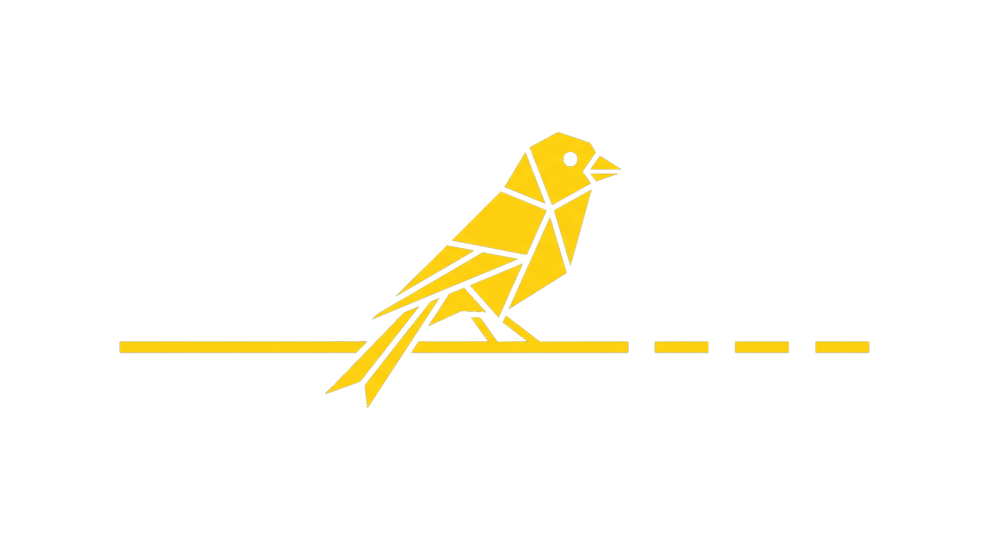 Fleet Canary logo mark, a faceted yellow canary perched on a dashed telemetry line