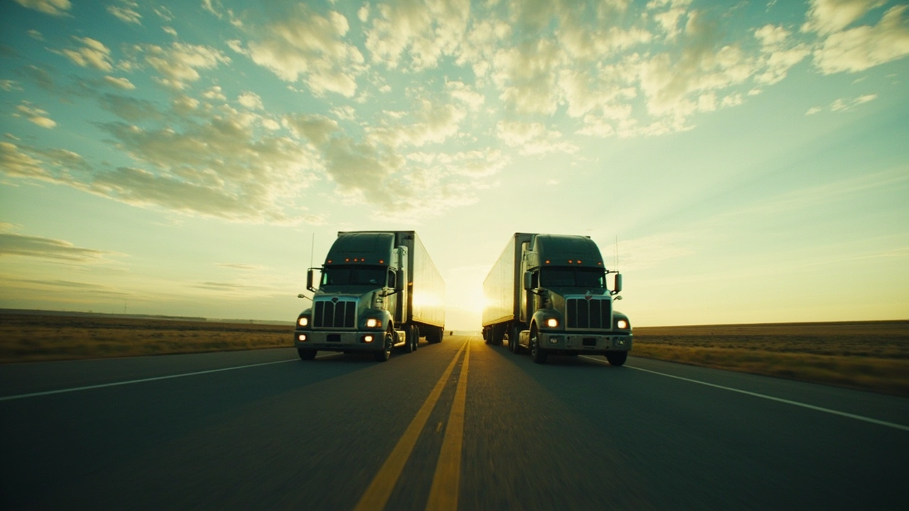 Two semi-trucks running an open highway across the plains at first light