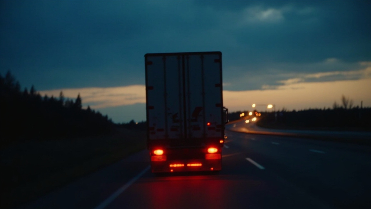 Semi-truck trailer rolling down the interstate at dusk, marker lights glowing
